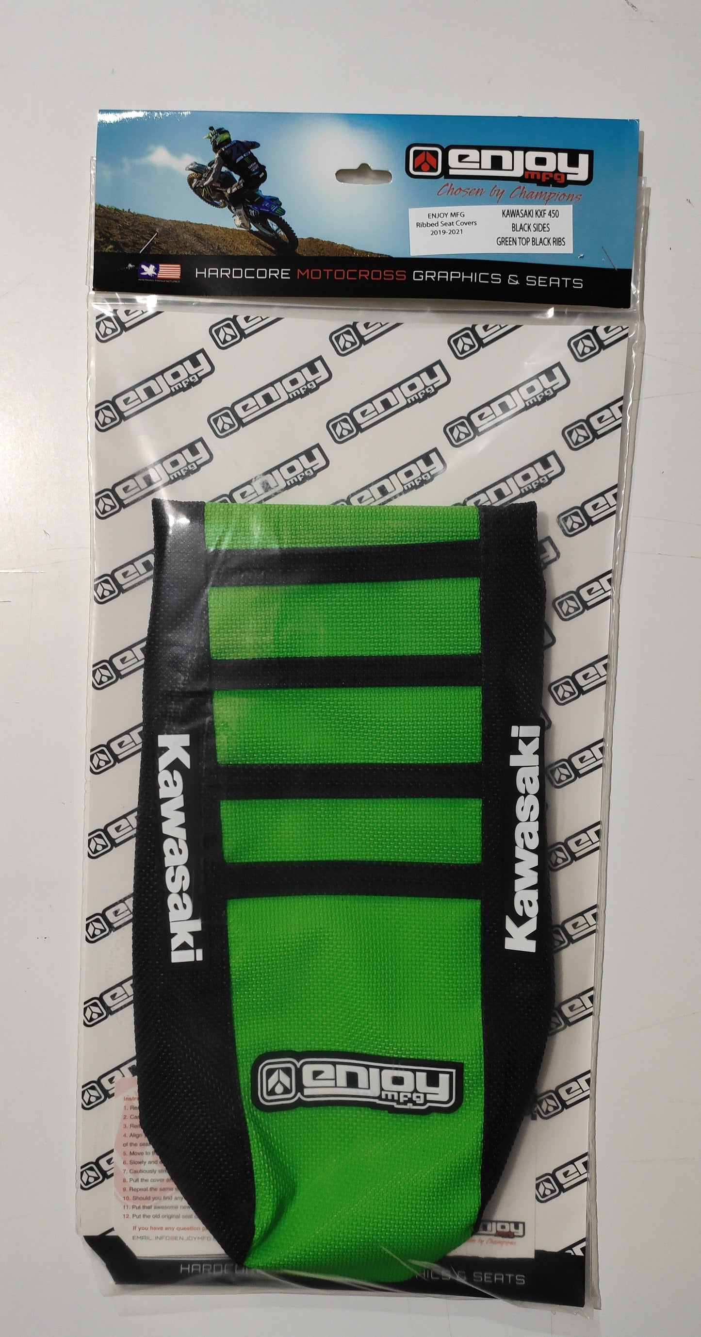 Enjoy Manufacturing Kawasaki Seat Cover KXF 250 2017 - 2020 Ribbed Logo, Black / Green / Black