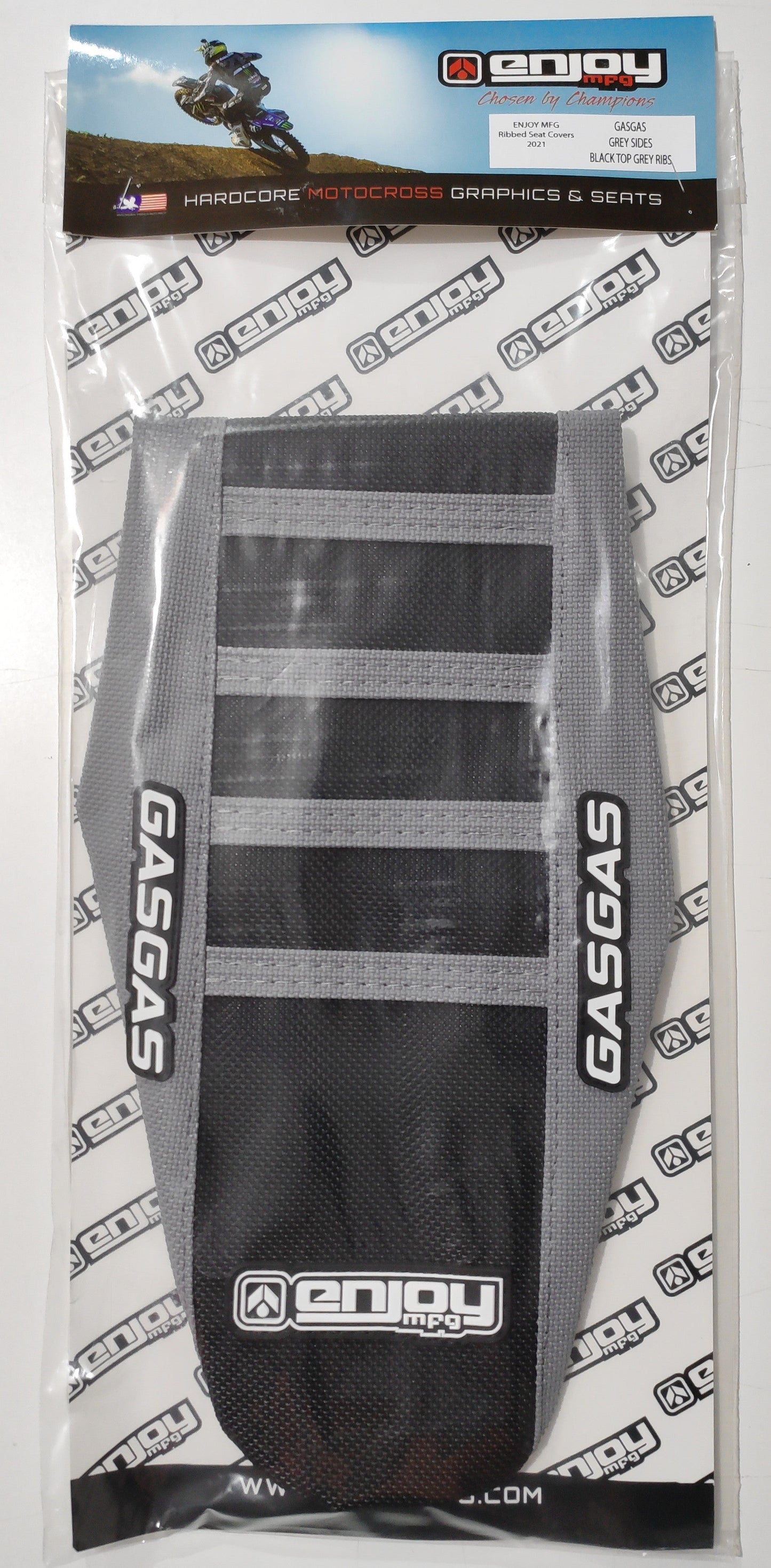 Enjoy Manufacturing Gas Gas seat cover MC MCF EC ECF 2021 – 2023 Ribbed Logo, Grey / Black / Grey