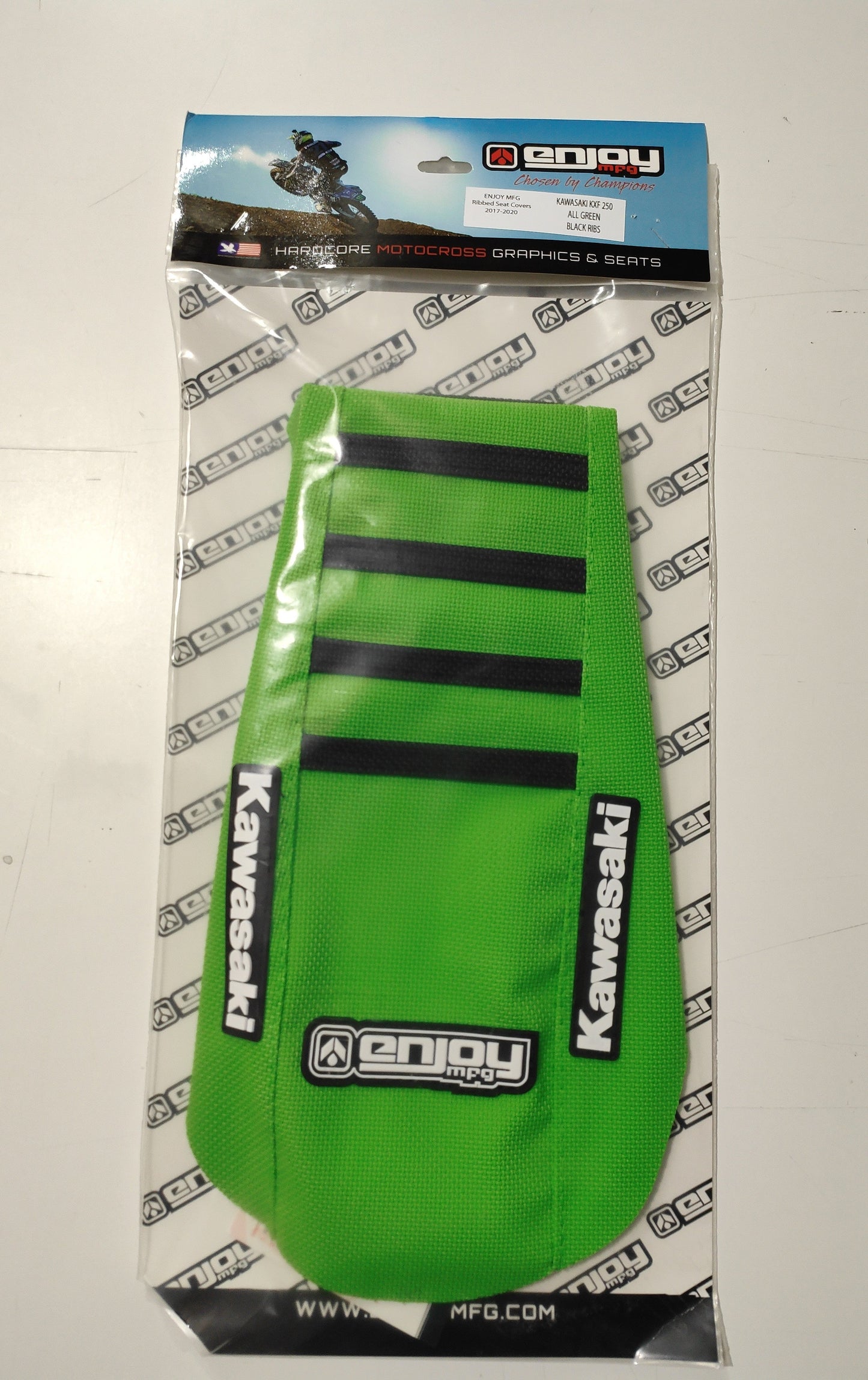 Enjoy Manufacturing Kawasaki Seat Cover KXF 250 2013 - 2016 KXF 450 2012 - 2015 Ribbed Logo, Green / Black