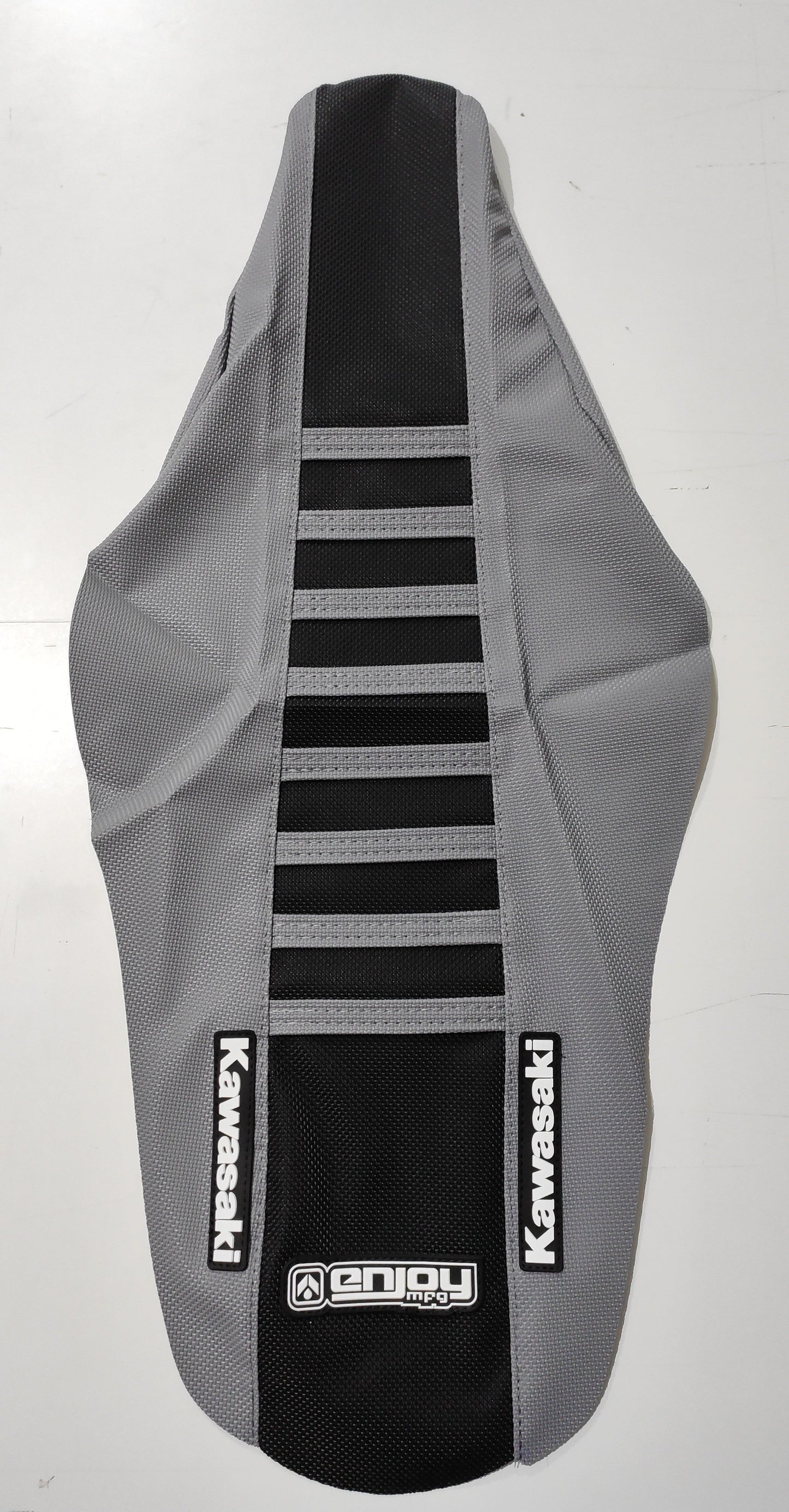 Enjoy Manufacturing Kawasaki Seat Cover KXF 250 2017 - 2020 Ribbed Logo, Grey / Black / Grey