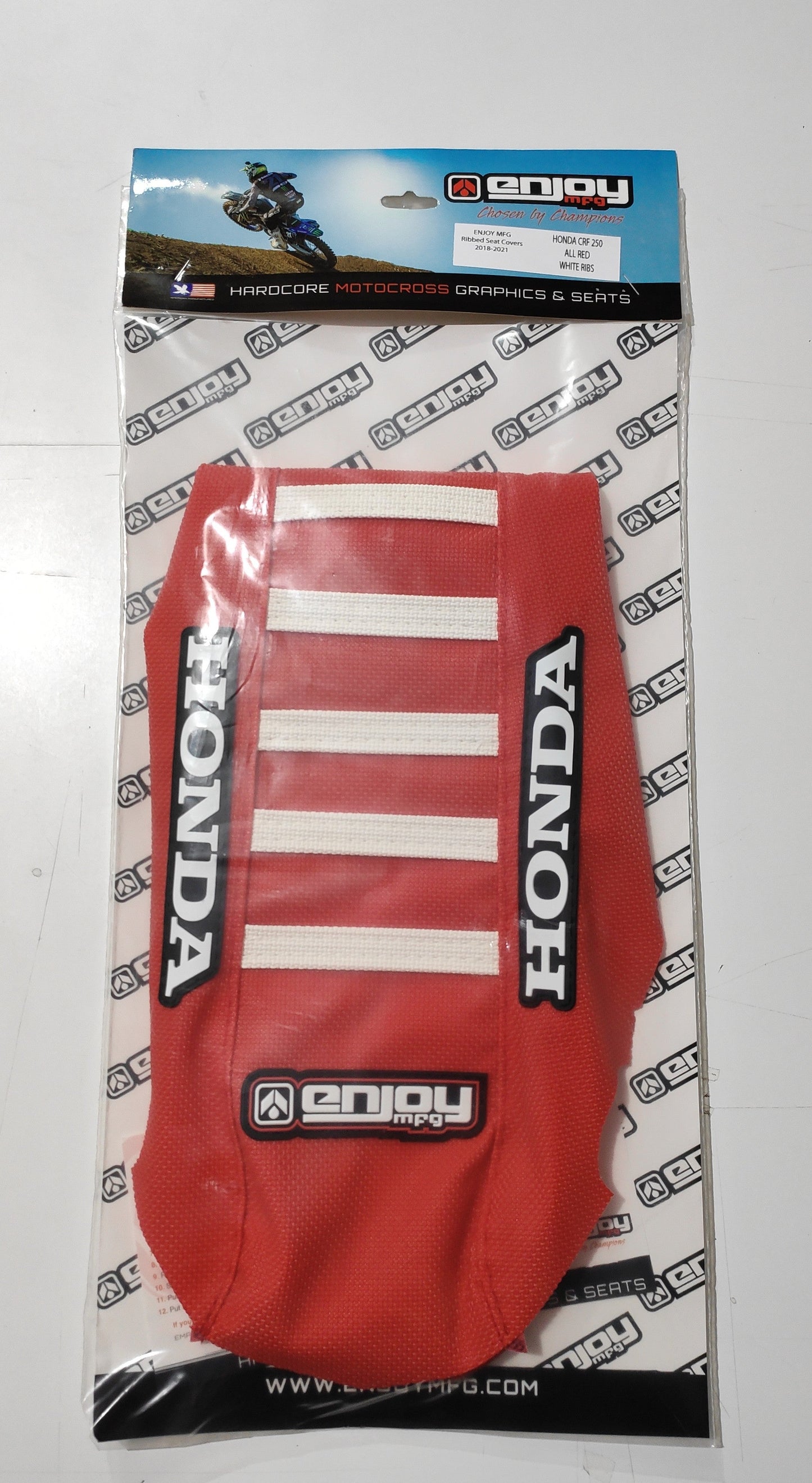 Enjoy Manufacturing Honda Seat Cover CR 125 1991 - 1992 CR 250 1990 - 91 CR 500 91 - 2001 Ribbed Logo, Red / White