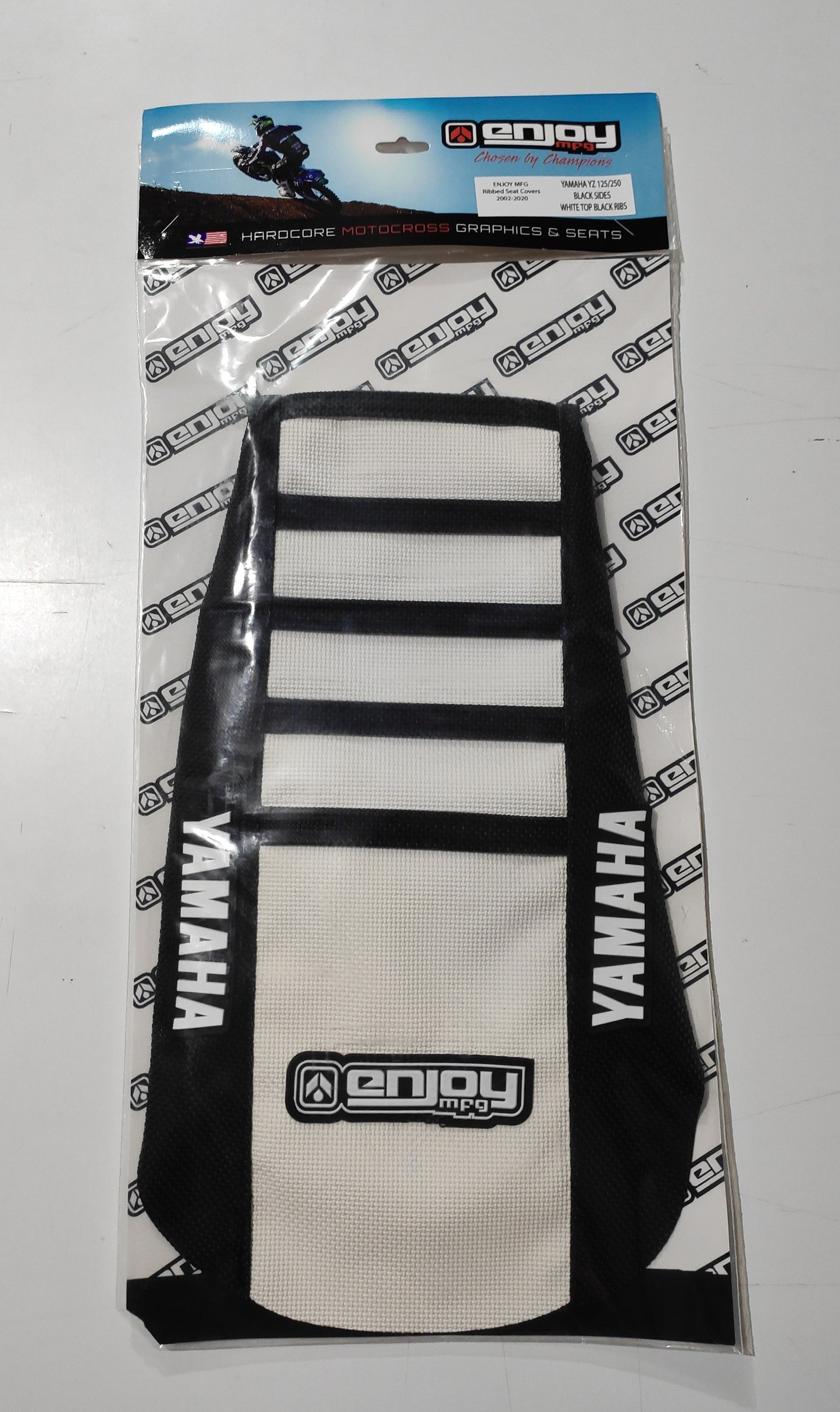 Enjoy Manufacturing Yamaha Seat Cover YZ 125 YZ 250 2002 - 2021 Ribbed Logo, Black / White / Black