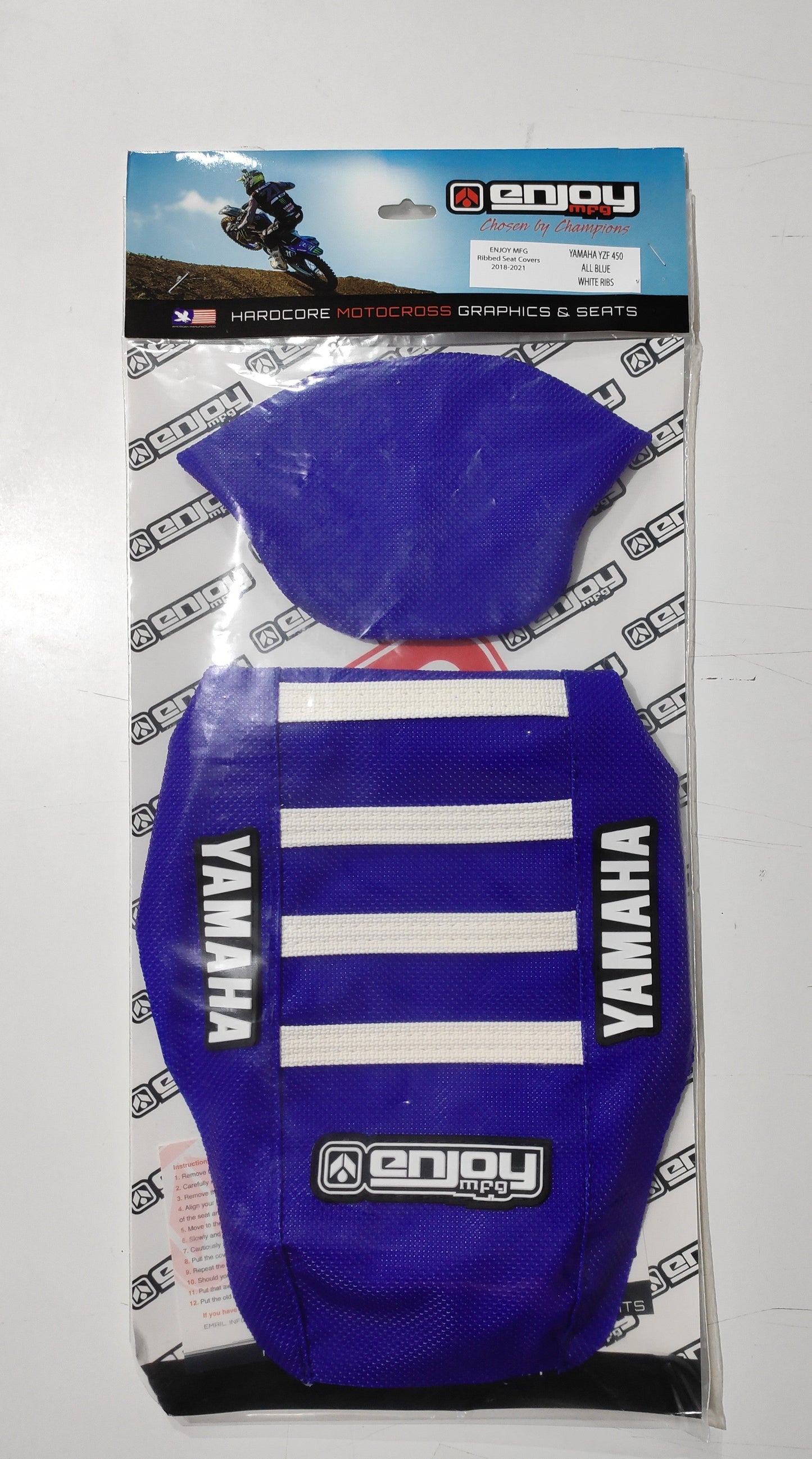 Enjoy Manufacturing Yamaha Seat Cover YZF 250 2014 - 2018 YZF 450 14 - 2017 Ribbed Logo, Blue / White