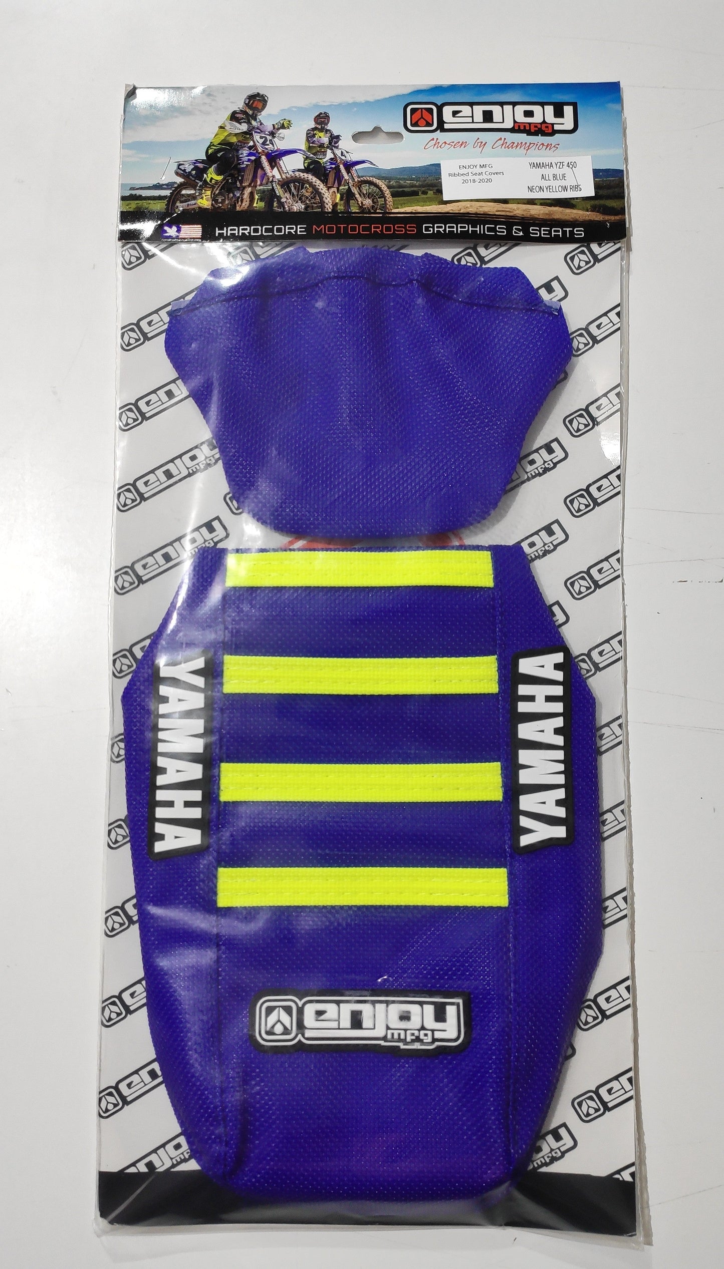 Enjoy Manufacturing Yamaha Seat Cover YZF 250 2019 - 2022 YZF 450 2018 - 22 Ribbed Logo, Blue / Neon